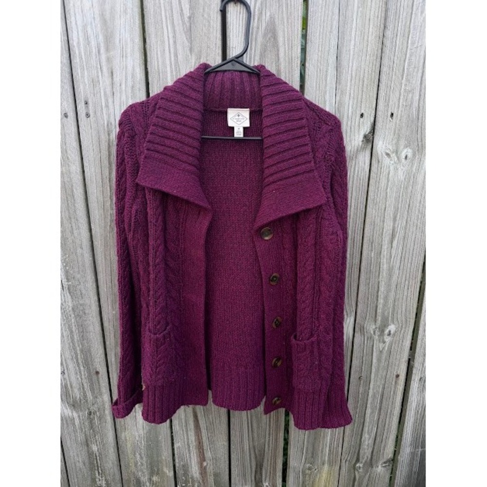 Cabincore Academic St Johns Bay Cardigan M Purple Cable Knit Shawl Collar